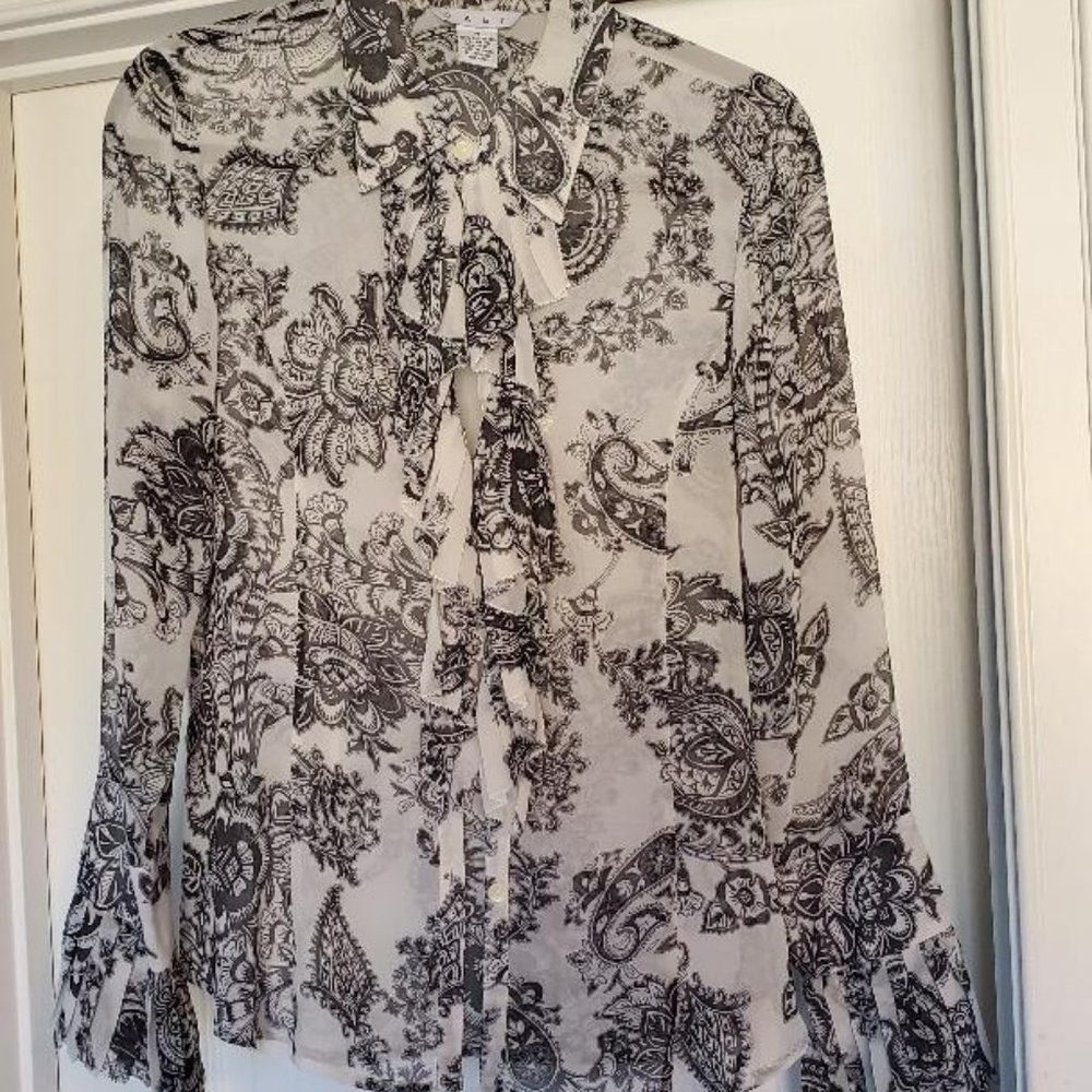 VINTAGE CAbi Grey & White Sheer Paisley Blouse #731